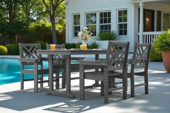 5 Piece HDPE Outdoor Dining Set for 4 Patio Dining Furniture Set with Umberlla Hole, Weather Resistent Outdoor Table and Chairs for Garden, Poolside, Backyard, Deck, Grey