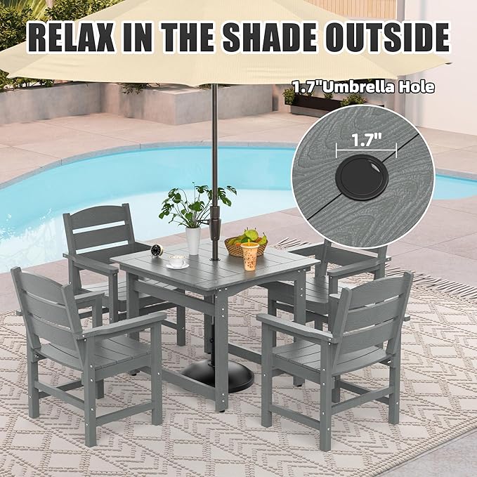 5-Piece HIPS Patio Dining Set, Outdoor Dining Table and Chairs Set with Umbrella Hole, Weatherproof Dining Table Set for 6 Person, Patio Furniture Set for Outside Deck, Grey