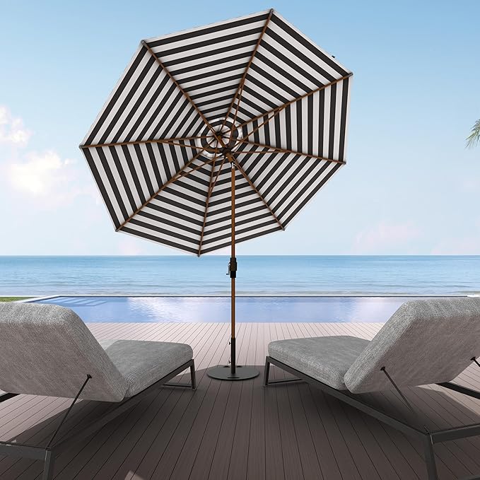 Midtown Umbrellas Wooden 2-10 Feet Large Patio Umbrella, Terylast Black & White Stripes Fabric, Aluminum Frame For Backyard Umbrella, Deck Umbrella, Garden Umbrella & Pool Umbrella - Wooden Pole