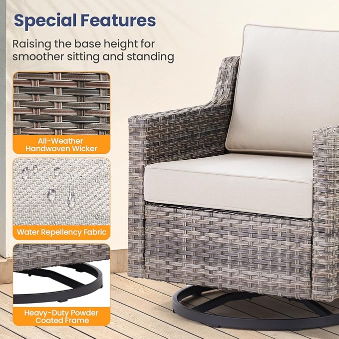 Patio Furniture Set, 7 Pieces Outdoor Wicker Rattan Sofa Couch with Swivel Rocking Chair, Ottomans and Comfy Cushions, All Weather Outdoor Conversation Sets, Suit for Porch Deck