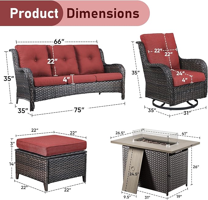 Wicker Outdoor Conversation Se with 50,000 BTU Gas Propane Fire Pit Tablet-6 Pieces Outdoor Wicker High Back Couch Patio Furniture for Deck Poolside Backyard