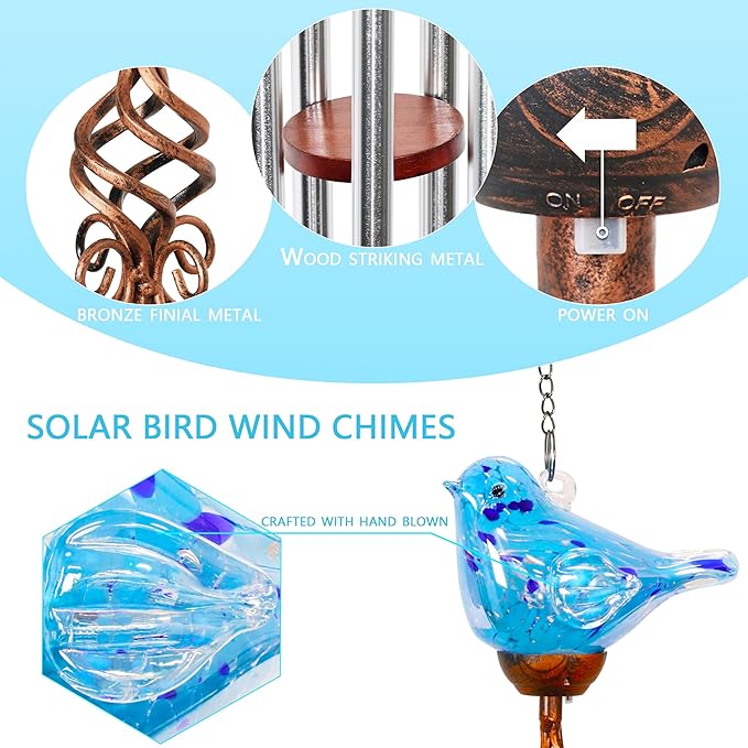 Solar Glass Bird Shape Wind Chimes, LED, Outdoor Glass and Metal Decoration for Lawn and Patio, 7 x 4 x 44 inches (Light Blue)