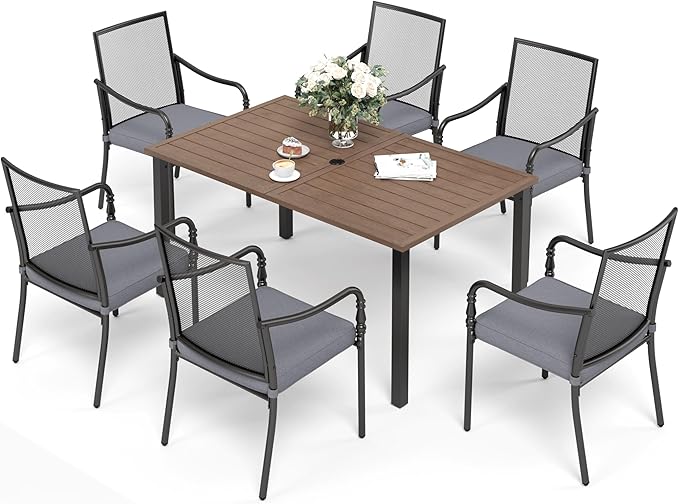 Patio Table and Chairs Set of 6, All-Weather Breathable Metal Mesh Patio Chair with Gourd-Shaped Armrests, 60x38 Wood-Like Table with Umbrella Hole, 7 Pcs Metal Frame Patio Dining Set