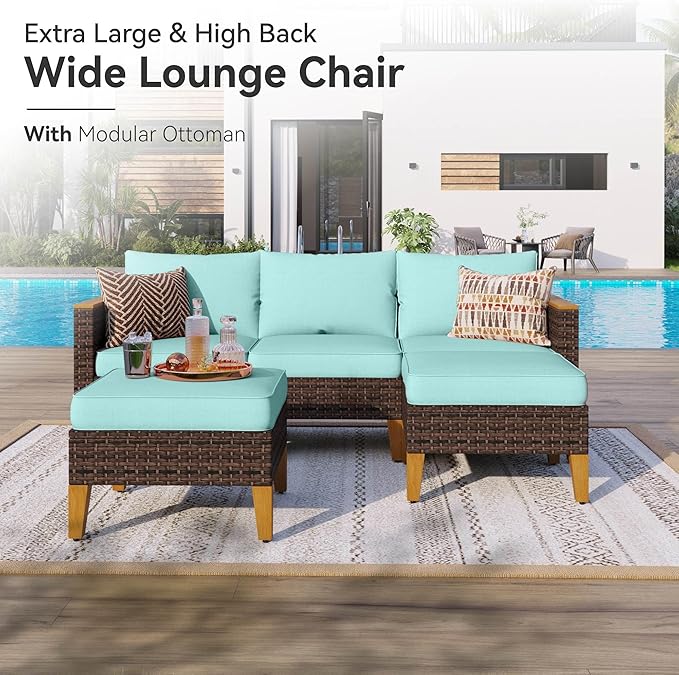 GREEN PARTY 7 Pieces Wicker Patio Furniture Set, All-Weather Outdoor Rattan Patio Sectional Sofa Conversation Set 7 Seats with 4" Thick Cushions for Garden, Backyard, 2 x Ottomans (Blue)