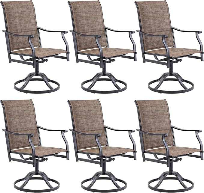Swivel Patio Chairs Set of 6, Outdoor Patio Dining Chairs with Padded Textilene, Swivel & Rocker Metal Outdoor Dining Chairs All-Weather for Backyard, Brown Fabric with Black Frame