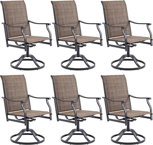 Swivel Patio Chairs Set of 6, Outdoor Patio Dining Chairs with Padded Textilene, Swivel & Rocker Metal Outdoor Dining Chairs All-Weather for Backyard, Brown Fabric with Black Frame