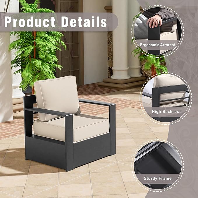 3 PCS Aluminum Patio Conversation Set - Outdoor 3-Seater Sofa, 2 Fixed Chair with 6" Thick Water-insistant Cushions, All-Weather Use Frame, Removable Cover, Ideal for Garden, Poolside (Beige)