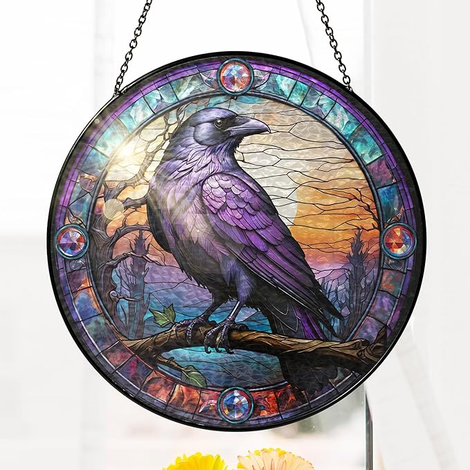 FLAGWIX Halloween Decorations Indoor Outdoor - The Crow Raven Stained Glass Window Hanging 8in - Black Crow Suncatchers for Gothic Home Decor, Halloween Fall Christmas Decor Gifts for Men Women