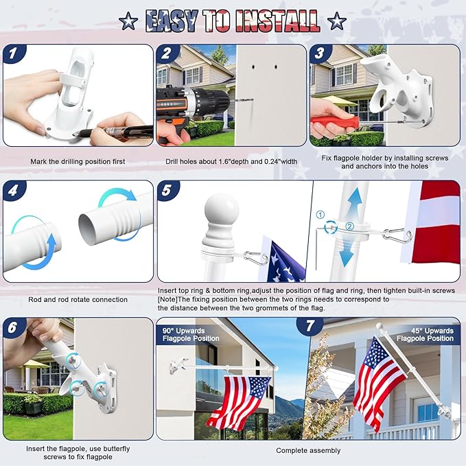 REERON House Flag Pole kit, 5 FT Metal Spinning Flag Poles Kit, 1" Tangle Free Stainless Steel Flagpole with 360° Flagpole Rings & 2-Position Bracket for Outside House Porch Wall Mount for 3x5 Flag