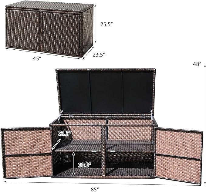Tangkula Outdoor Wicker Storage Box, Garden Deck Bin with Steel Frame, Rattan Storage Box with Lid, Ideal for Storing Tools, Accessories, 88 Gallon Capacity (Brown)