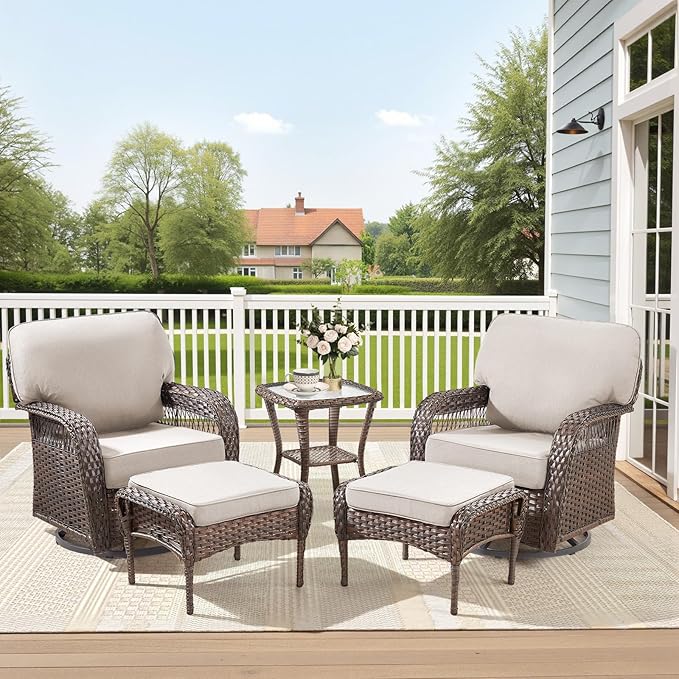 5 Pieces Patio Furniture Set Outdoor Sectional Sofa Couch with Rocking Swivel Chairs 5" Deep Seat Chairs, Modern Wicker Rattan Conversation Set, Beige/Brown Wicker