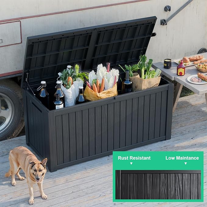EasyUp 180 Gallon Outdoor Storage Box Waterproof, UV Resistant Resin Deck Box with Hydraulic Rod, Reinforced Stability for Patio, Garden, and Pool, Striped Black