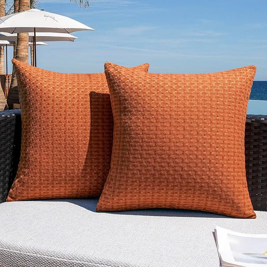 Kevin Textile Fall Outdoor Waterproof Throw Pillow Covers Pack of 2 Farmhouse Decorative Cushion Covers for Garden Patio Tent Balcony Bench Couch Sofa 16x16 Inch, Burnt Orange