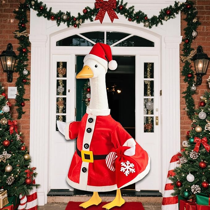 Christmas Santa Porch Goose Outfit for Large 23" High Cement or Plastic Goose Statue, Yard Goose Cloths with Snowflake Gift Bag and Christmas Hat Decor for Outdoor Lawn Gaden Patio
