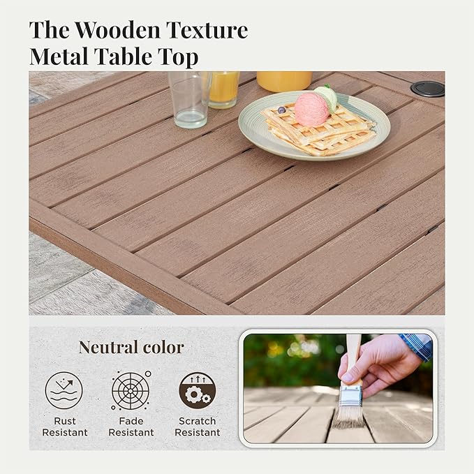 Patio Table and Chairs Set, Outdoor Dining Set for 6 with Brown Chairs and Teak Color Tabletop Outdoor Dining Table, 7-Piece Patio Furniture Set for Deck Backyard Lawn