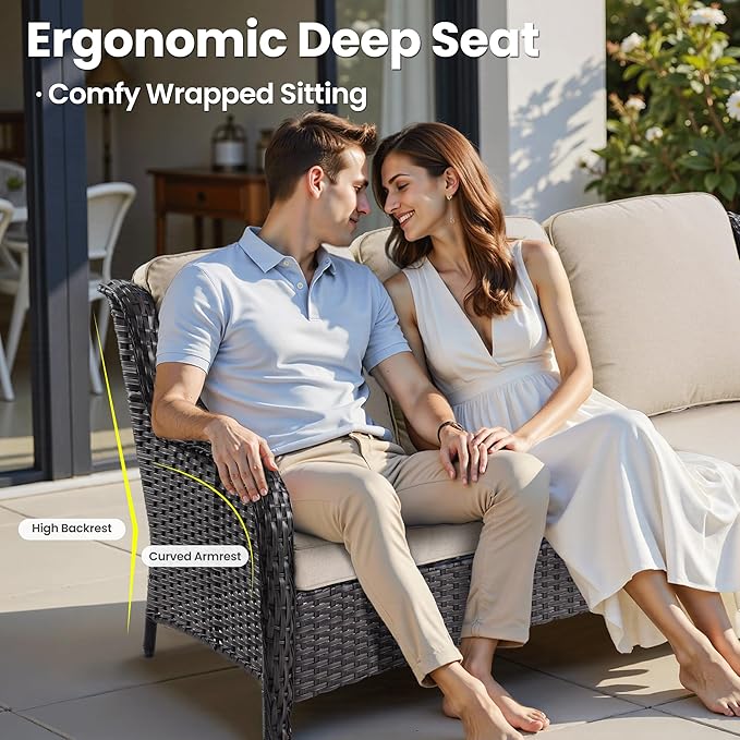 ovios 9 Pieces Patio Furniture Set, Outdoor Wicker Sofa Couch with Swivel Chairs Ottomans Comfy Cushions, High Back All Weather Modern Conversation Sets, Brown Rattan, Beige