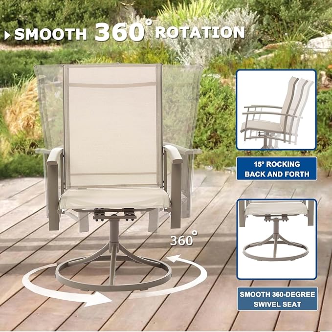 Patio Swivel Chairs Set of 8, Outdoor Swivel Chairs with Armrest, High Back Patio Chair with Metal Frame, All-Weather Outdoor Dining Chair for Deck, Porch and Lawn, Ivory Beige