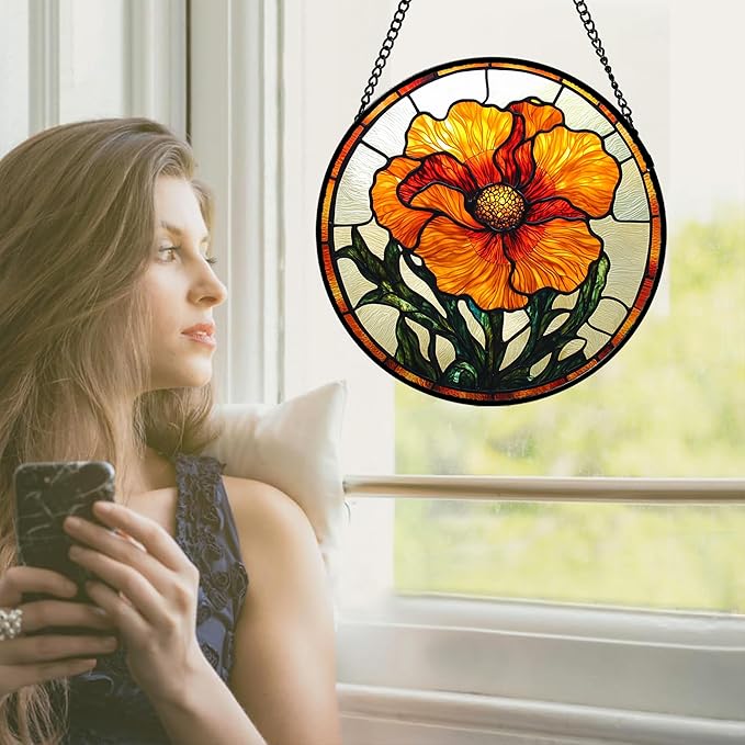 Stained Glass Window Hanging - Orange Poppy Birth Flower Suncatcher for Door Garden Yard Retro Sun Catchers Decor Christmas Mother's Day Birthday Gifts for Women Mom Nana Friend 11.8 in