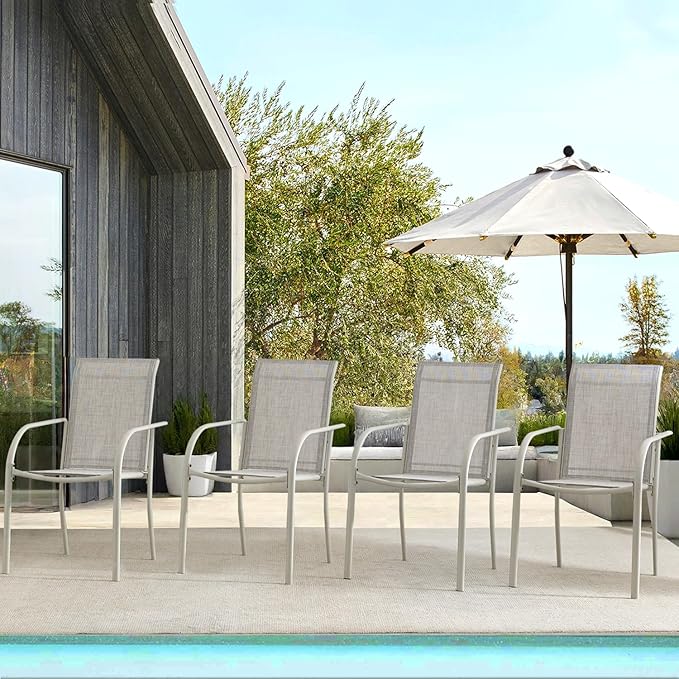 Patio Chairs Set of 8, Outdoor Dining Chairs with Breathable Textilene Fabric, Stackable Patio Chairs for Lawn, Garden, Backyard, Poolside, Grey