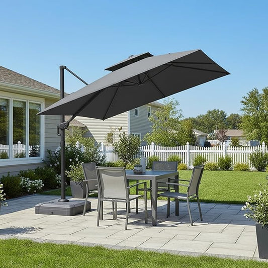 PURPLE LEAF 10 FT Cantilever Patio Umbrella Outdoor Umbrella with 220lbs Base Large Square Windproof Offset Umbrella for Pool Deck Garden, Mist Grey
