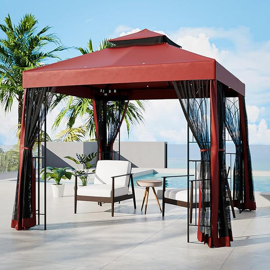 COOS BAY 8x8 Outdoor Patio Gazebo with Netting and Corner Shelves, Two-Tier Soft Top Canopy for Backyard, Lawn, Deck and Garden, Red
