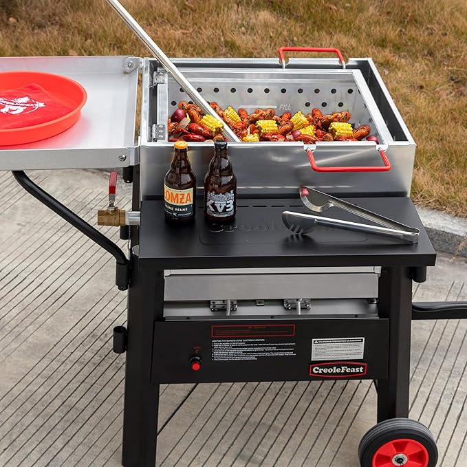 Creole Feast CFB1001A 90 QT Crawfish Boiler, Outdoor Single Sack Propane Gas Cooker with Folding Cylinder Mounting Bracket and Stirring Paddle for Seafood & Crawfish Season, Black