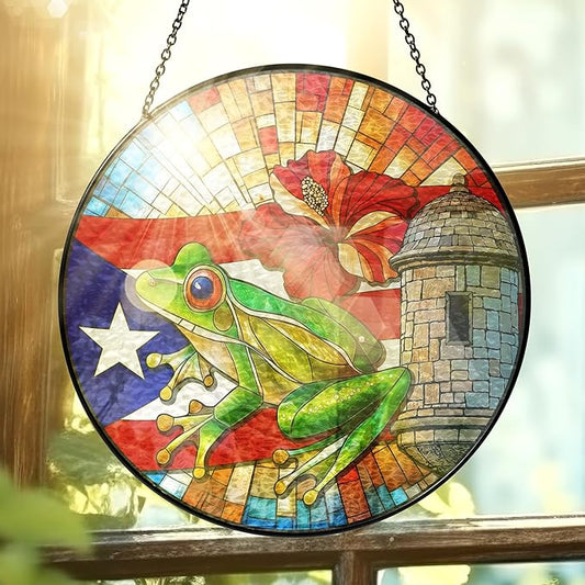 FLAGWIX Christmas Puerto Rico Gifts - Stained Glass Window Hanging 10 in - Puerto Rican Gifts for Women Men, Coqui Sun Catchers Indoor, House Warming Gift for Mom Dad Puerto Rican, Friend Gift Ideas