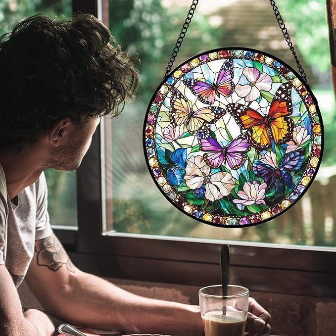 Stained Glass Window Hanging, Colorful Butterfly Suncatcher for Doors Home Sun Catchers Decoration and Christmas, Mother's Day Birthday Gifts for Women, Men, and Mom 14.9x14.9 in