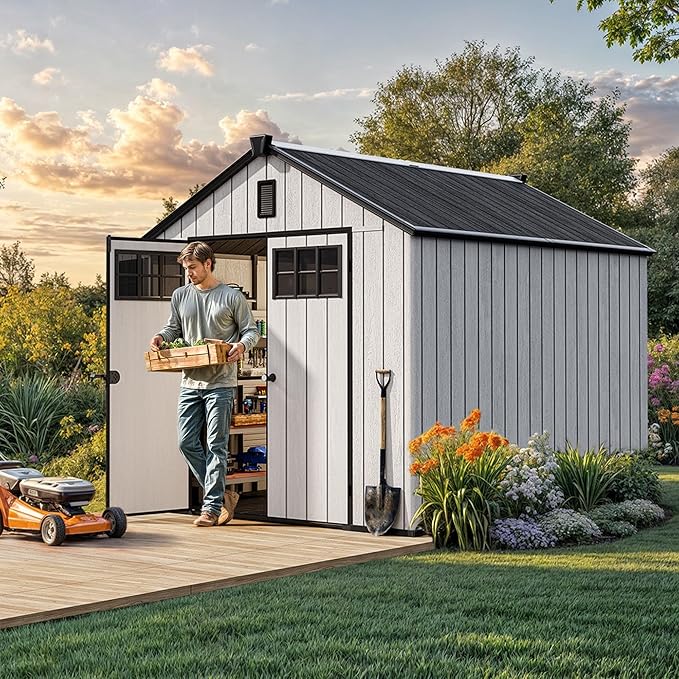 YITAHOME Outdoor Storage Shed 8x10 Ft, Plastic Storage Sheds with Floor, Lockable Doors, Windows, and Vents for Patio, Lawn, Backyard, Large Garden Storage for Bikes, Mowers, and Garden Tools, Gray