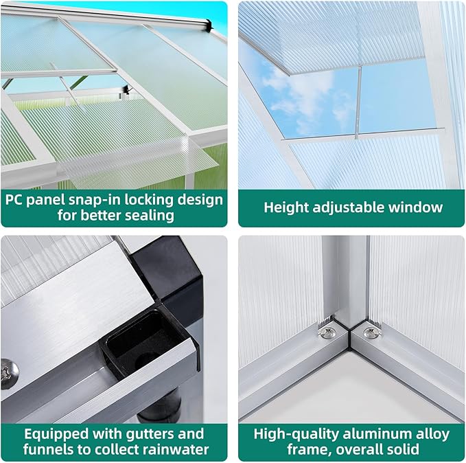 8x12 ft Greenhouse, Large Aluminum Greenhouses for Outdoors, Heavy Duty Polycarbonate Greenhouse with Roof Vent, Walk-in Green Houses for Winter Garden, Backyard, Patio, Lawn, Easy Assembly