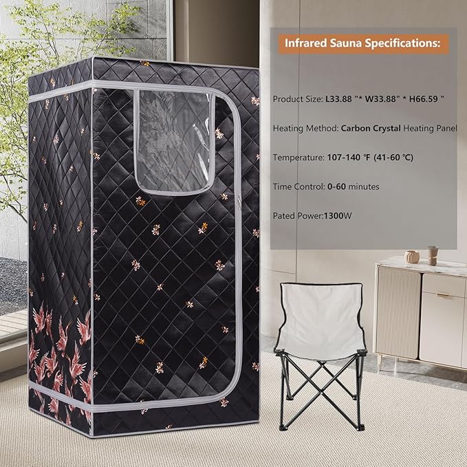Smartmak Portable Far Infrared Sauna, Full Size Indoor Sauna Tent, Personal Infrared Sauna Spa for Home, with Heated Footpad and Reinforced Chair (Gray, 33.88" x 33.88" x 66.59")