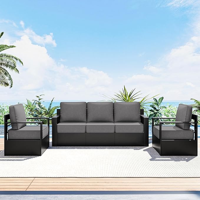 Outdoor Patio Furniture Set, 3-Piece Aluminum Patio Conversation Set All-Weather Metal Outdoor Sectional with 6 Inch Thick Cushions, Deep Setting for Garden, Outside and Porch