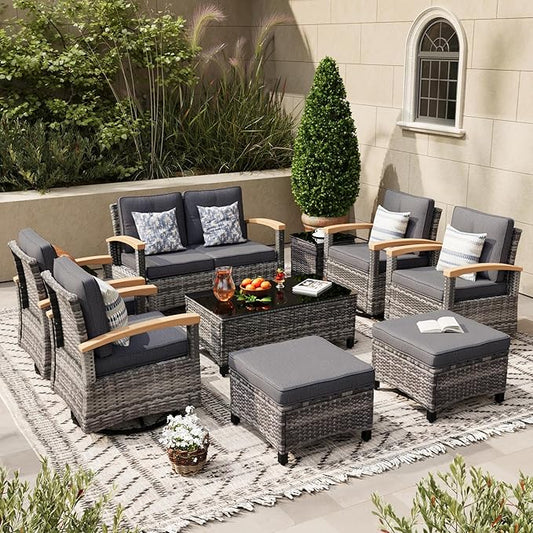 MEISSALIVVE 10 Pieces Outdoor Patio Furniture Sets,PE Wicker Patio Conversation Sets with 4 Wood Armrests Swivel Rocker Chairs，2-seat Sofa and Coffee Table(Grey)
