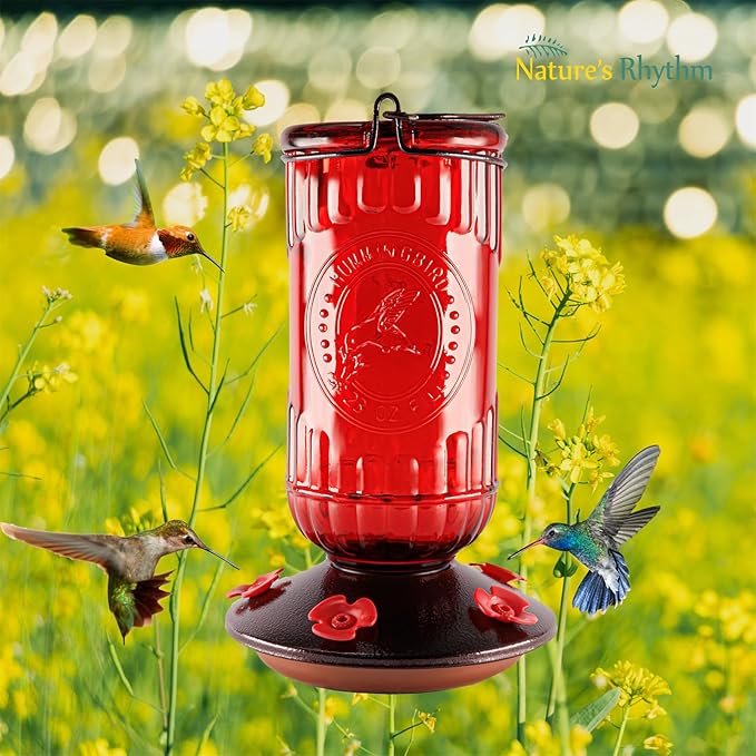 Nature's Rhythm Bird Feeder Vintage Red Antique Glass Bottle Hummingbird Feeder 5 Feeding Ports and 23-Ounce Nectar Capacity Per Feeder