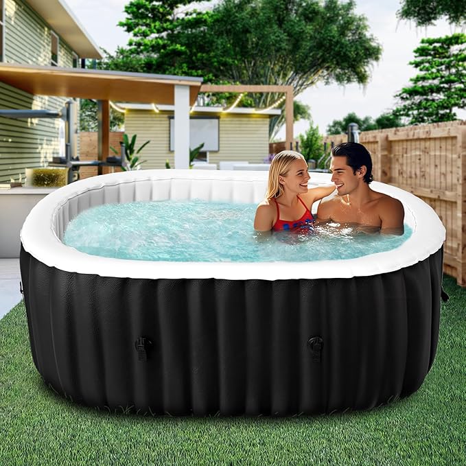 Inflatable Hot Tub with Side Table, 2 Person Oval Blow Up Portable Hot Tub, Leak-Proof PVC Outdoor Spa with 100 Strong Bubble Jets, Heater Pump and Insulated Cover, 75” X 47”X 25”