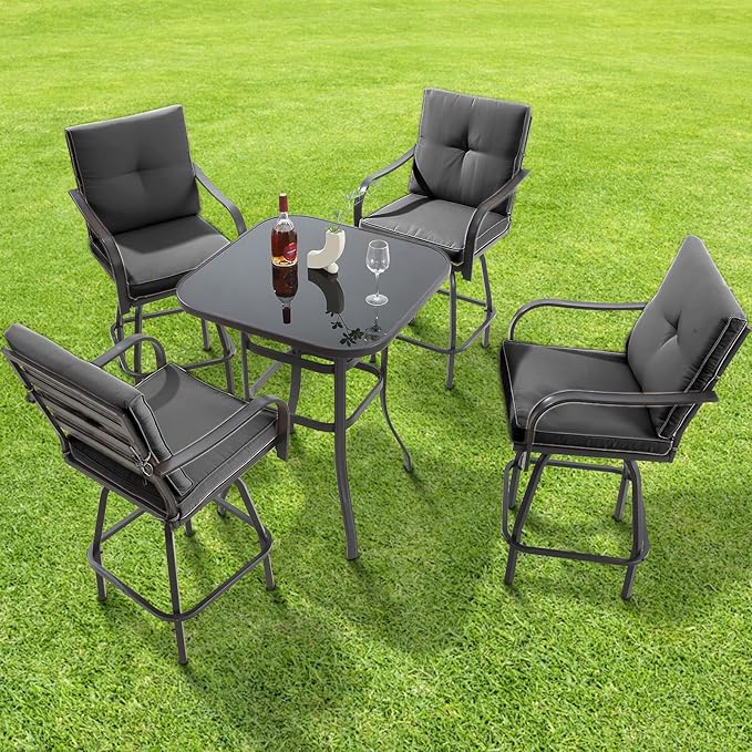 Patio Swivel Bar Stools, Outdoor High Back Swivel Bar Stool Chair Set of 2 with Cushion & All Weather Steel Frame, Dark Gray