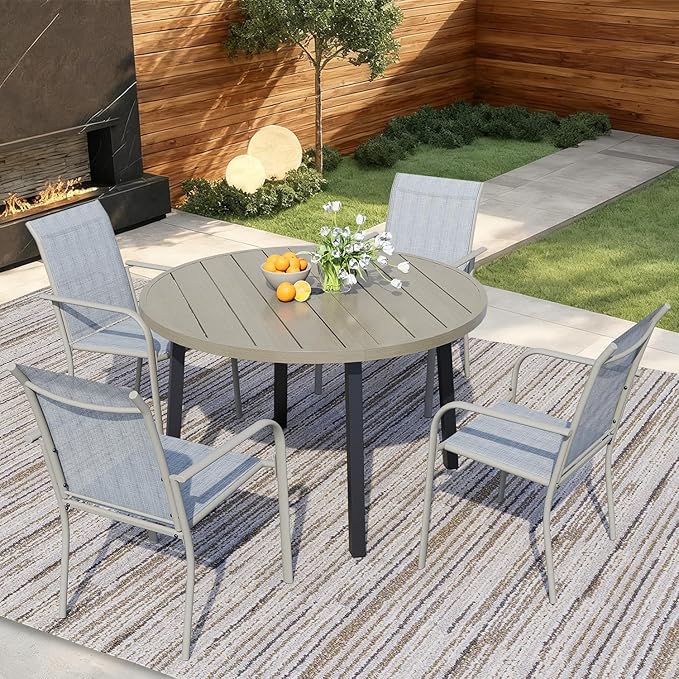 5 Pieces Round Dining Table Set for 4, Patio Dining Set Includes 4 Beige Blue Stackable Patio Chairs and 1 Honey Oak Round Table, Patio Furniture Sets with Sling Support for Outside, Garden