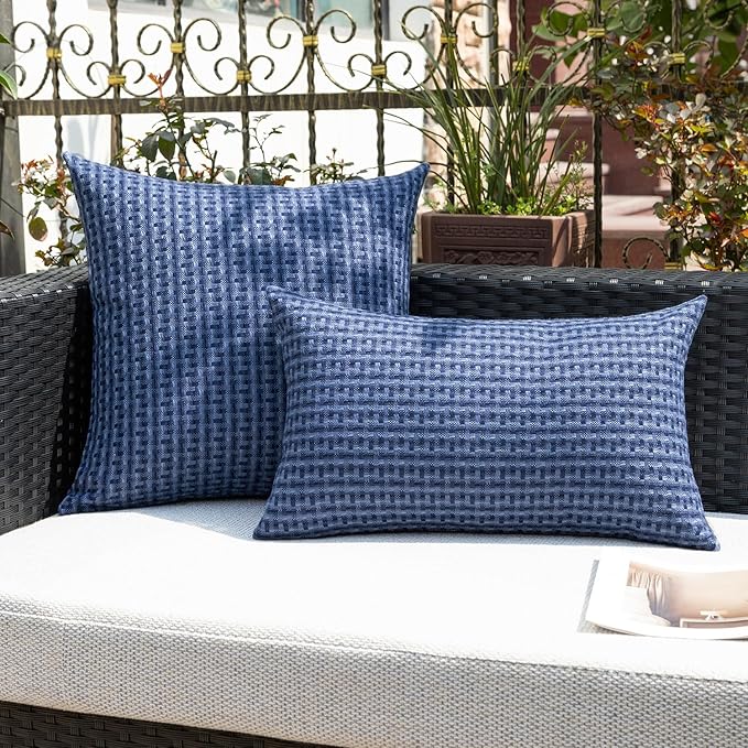 Kevin Textile Outdoor Waterproof Throw Pillow Covers Pack of 2 Farmhouse Decorative Cushion Covers for Garden Patio Tent Balcony Bench Couch Sofa 24x24 Inch, Navy Blue