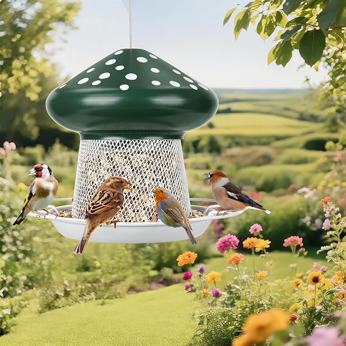 Bird Feeder, Heavy Duty Metal Bird Feeders for Outdoor Hanging, Cute Mushroom Shape Wild Birdfeeder for Outside Garden Yard (Green)