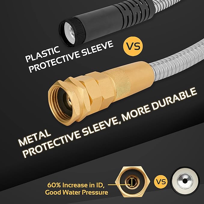 Garden Hose Metal - 75ft Heavy Duty Stainless Steel Water Hose with 8 Function Sprayer & Metal Fittings, Flexible, Lightweight, No Kink, Puncture Proof Hose for Yard, Outdoors, Rv