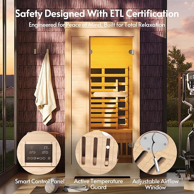 Infrared Sauna at Home 1 Person with 7 Color Therapy, Low EMF 1745W Fast Heating Canadian Hemlock Wood Sauna, Indoor Dry Sauna with Bluetooth Speakers for Home, Gym (3Lx3.3Wx6.3H Ft)