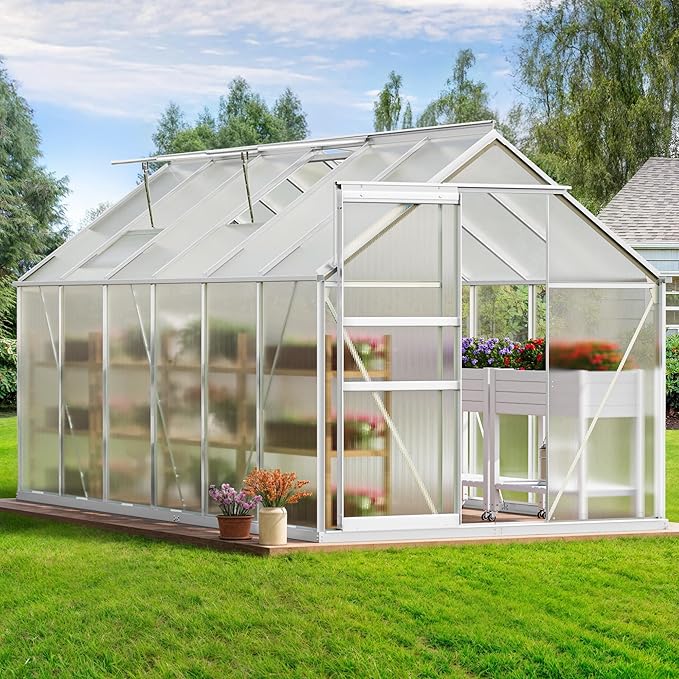 YITAHOME 6X12FT Polycarbonate Greenhouse Large Heavy Duty Green Houses Outdoor Greenhouses Aluminum Sliding Doors Vent Window for Garden Backyard, Silver