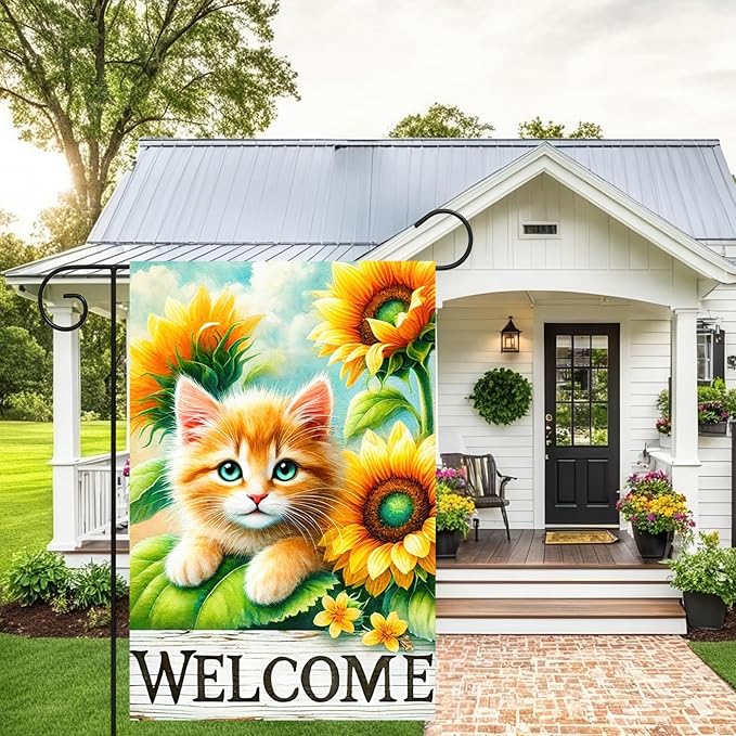 Spring Garden Flag 12x18 Inches Double Sided Cute Cat Welcome Yard Flags Sunflower Summer Seasonal Flower for Outside Decor Home Farmhouse Holiday Decorations