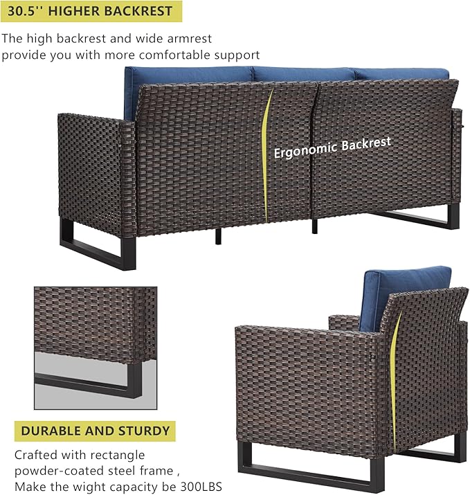 HUMMUH 9 Piece Patio Furniture Set PE Wicker Outdoor Sectional Sofa and Patio Swivel Chairs Outdoor Chairs Storage Box Ottomans for Porch,Garden,Backyard,Deck(Brown/Blue)
