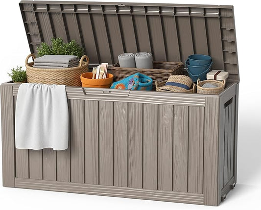 EasyUp 90 Gallon Outdoor Storage Box, Resin Waterproof UV-Resistant Deck Box, Reinforced Stability for Patio, Garden, and Poolside, Striped Gray