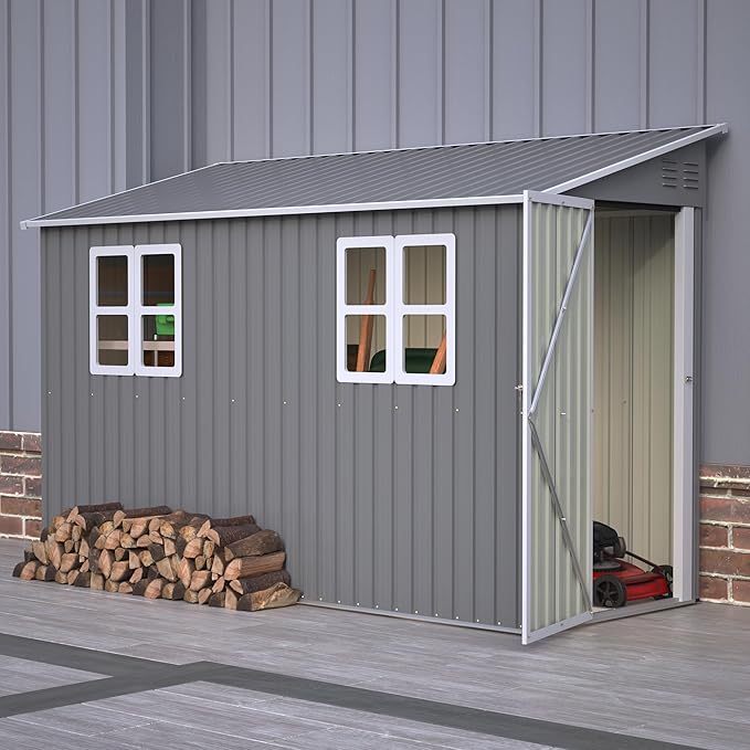 4X8 FT Outdoor Storage Shed W/ 2 Windows & Floor Frame,Lean to Shed W/Reversible Installation,Metal Garden Tool House W/Air Vents,Lockable Door & Sloped Roof,for Backyard Patio Lawn,Gray
