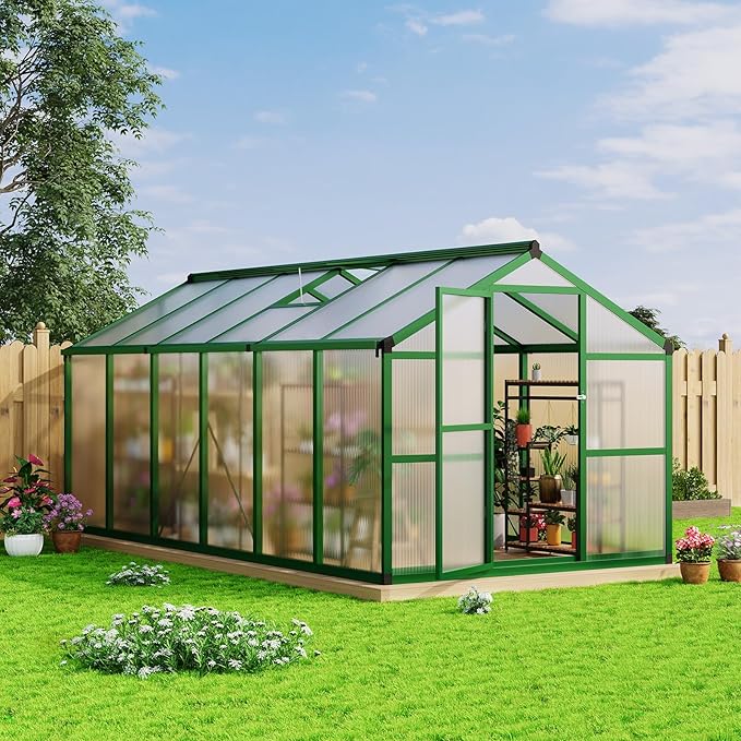 8 x 12 FT Greenhouse, Heavy-Duty Polycarbonate Large Walk-in Greenhouse Roof Vent ,Aluminum Frame & Lockable Door, for Backyard, Green Houses for Outside Garden Backyard
