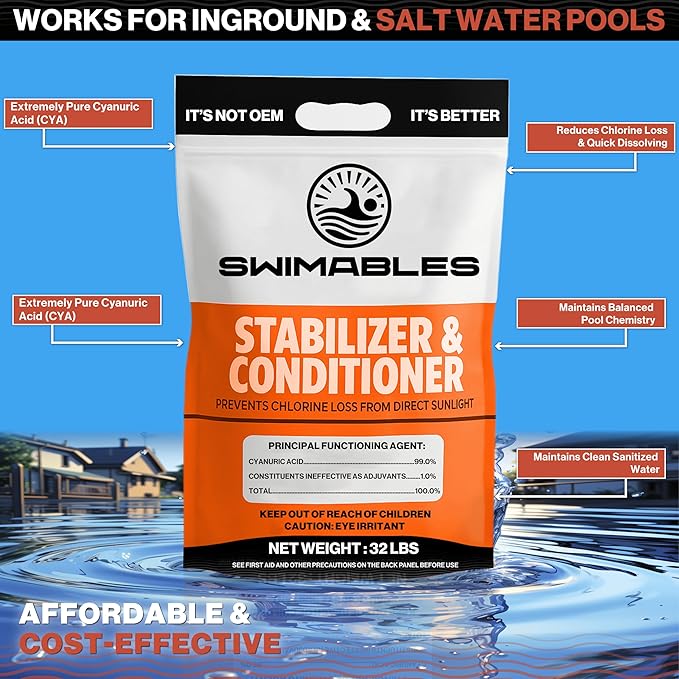 Swimables 32-Pounds Premium Pool Stabilizer & Conditioner, Max Strength Cyanuric Acid for Pools, Spa & Salt Water – Reduces Chlorine Loss, Ideal for Swimming & Hot Tubs