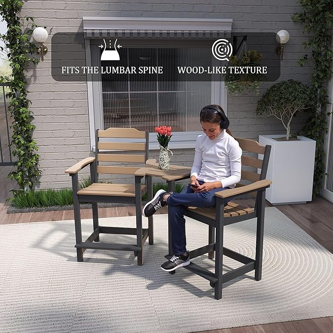 OTSUN Tall Adirondack Chairs Set of 2 with Connecting Tray, 24 inches HDPE Bar Height Outdoor Chairs, All Weather Resistant for Balcony, Porch, Kitchen (2 PCS, Black&Brown)