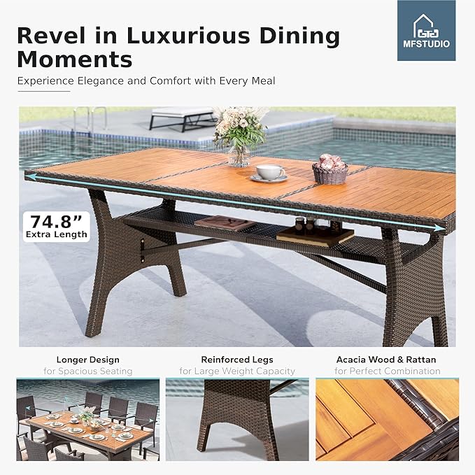 MFSTUDIO Patio Dining Sets for 6, Outdoor Table and Chairs, 74’’ Wood Top Rectangular Table Set with Chairs, 7 Pieces Patio Outdoor Dining Furniture Set, Deck, Backyard, Porch